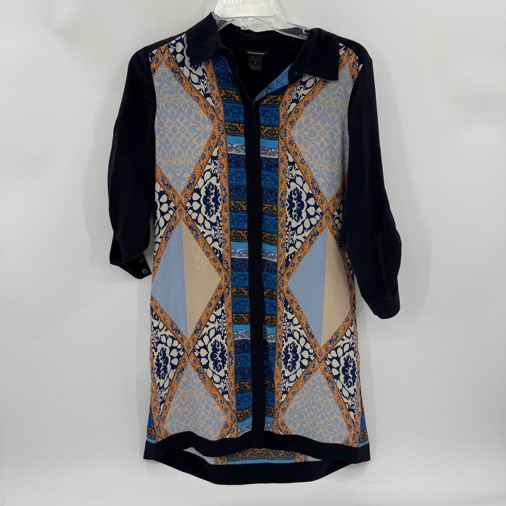 CLUB MONACO Silk Tunic Shirt Womens Size 2 Roll-Tab Sleeve Button Front Artsy